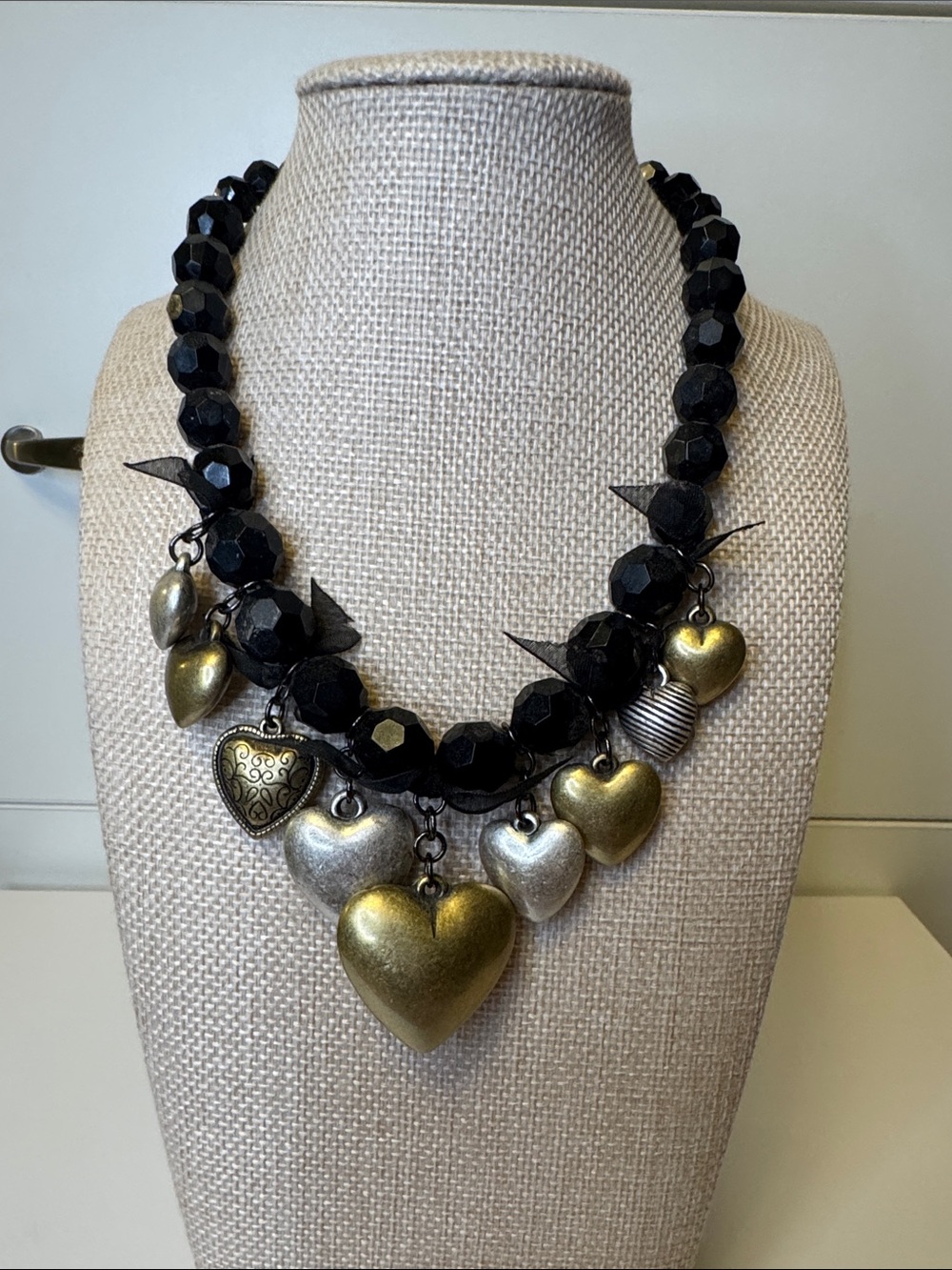 Chunky Black Bead Necklace with Mixed Gold & Silver Heart Charms